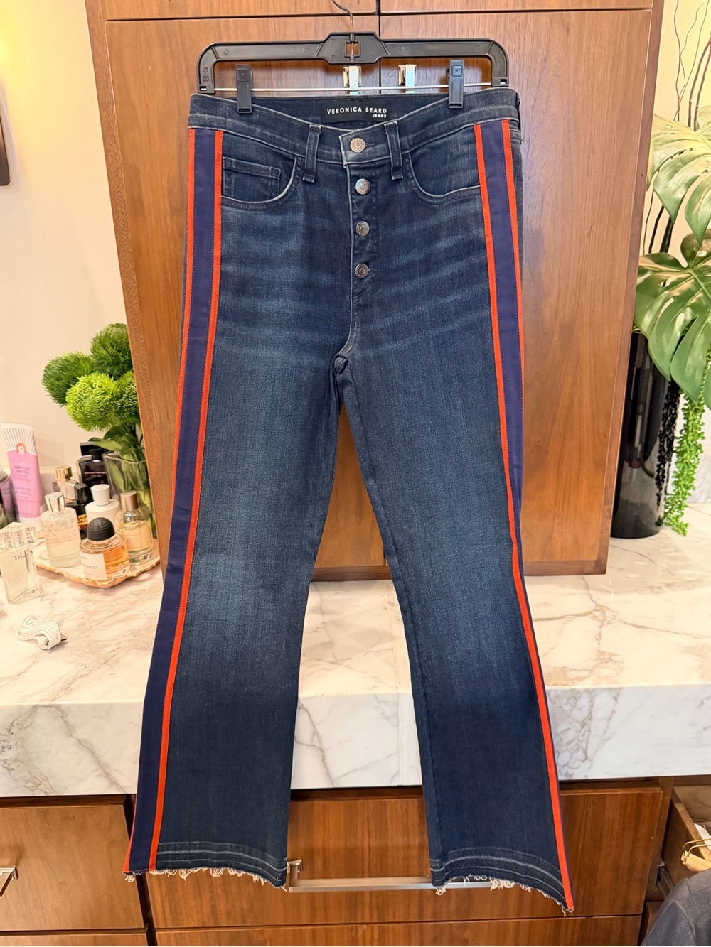 Veronica Beard Indigo Flare Jeans tuxedo red and blue stripe
